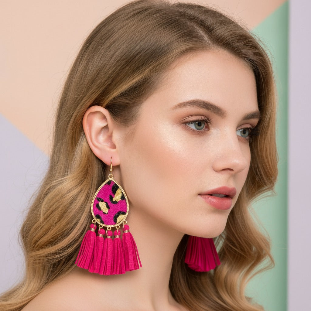 Leopard Print Tassel Drop Earrings - Rose
