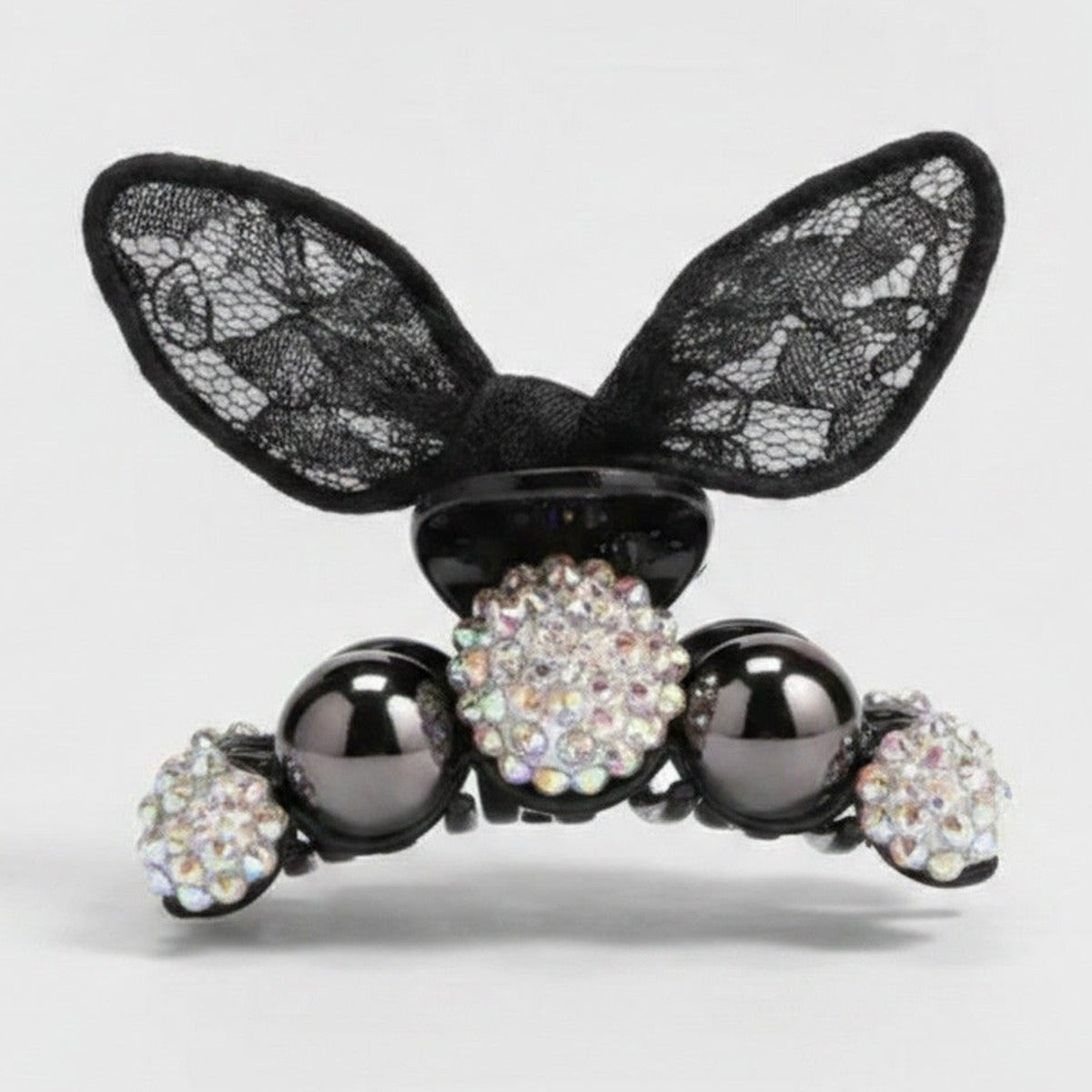 Lace Bunny Ears Rhinestone Hair Claw - Black with Ears – hair accessories (view 1)