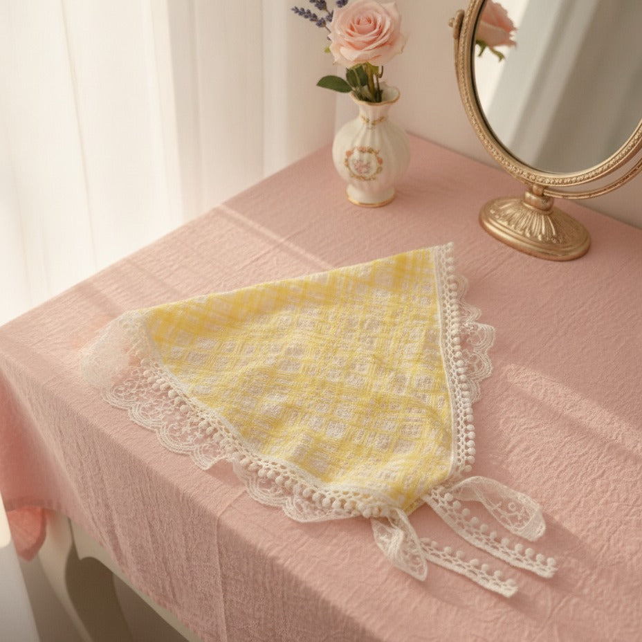 Embroidered Floral Mini Bonnet Headwrap - Yellow Plaid