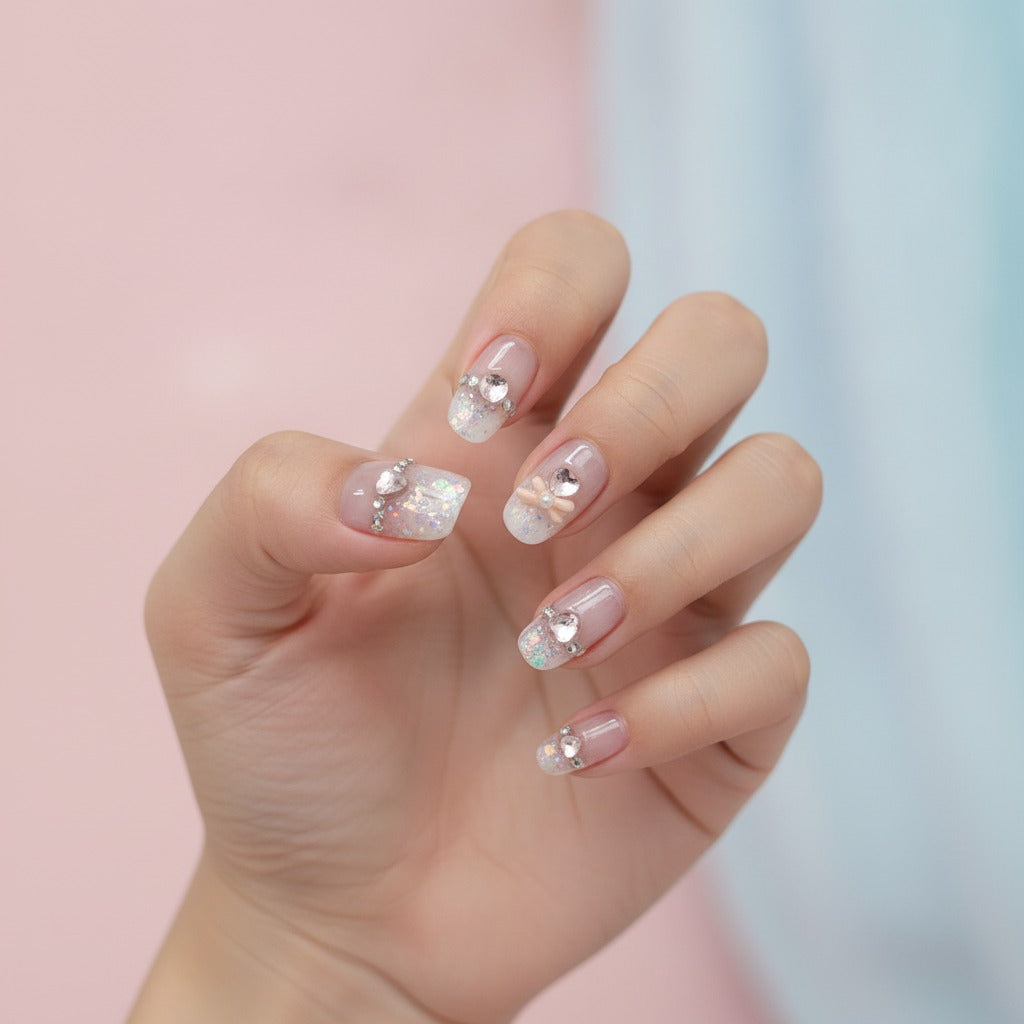 Gel Shine Nail Tips Set - Nude Sparkle