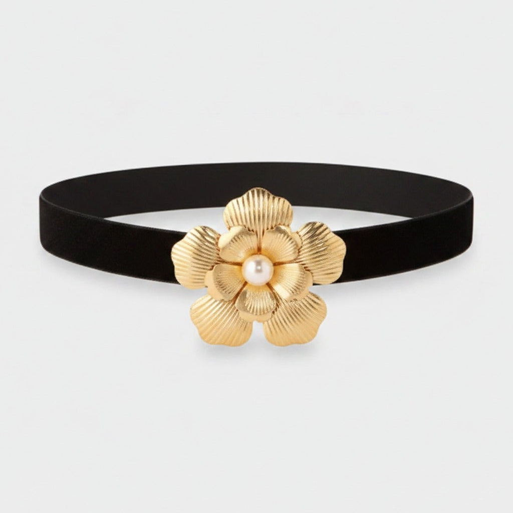 Black Velvet Belt With Gold Pearl Flower Buckle – jewelry (view 1)