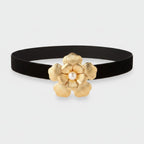 Black Velvet Belt With Gold Pearl Flower Buckle – jewelry (view 1)