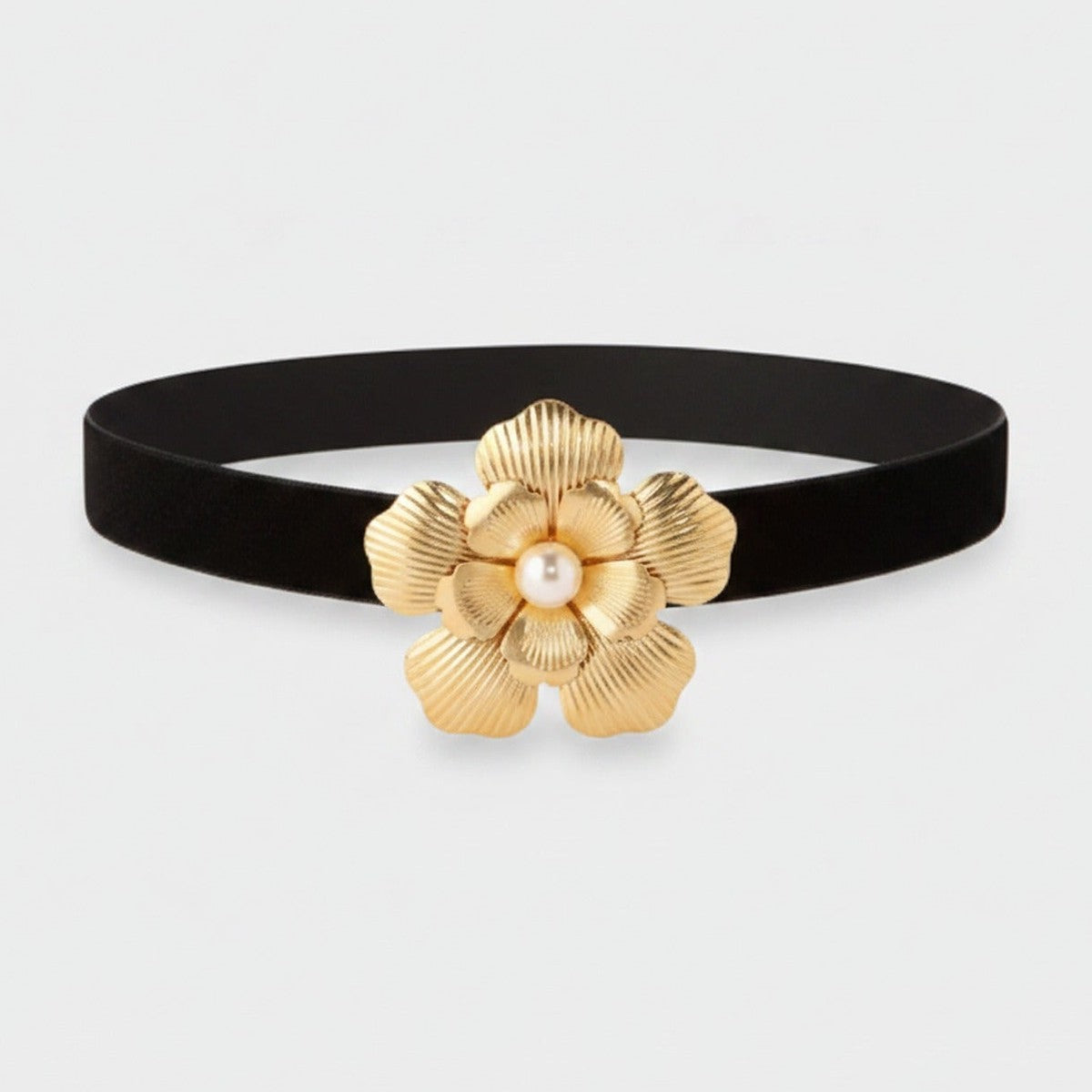Black Velvet Belt With Gold Pearl Flower Buckle – jewelry (view 1)