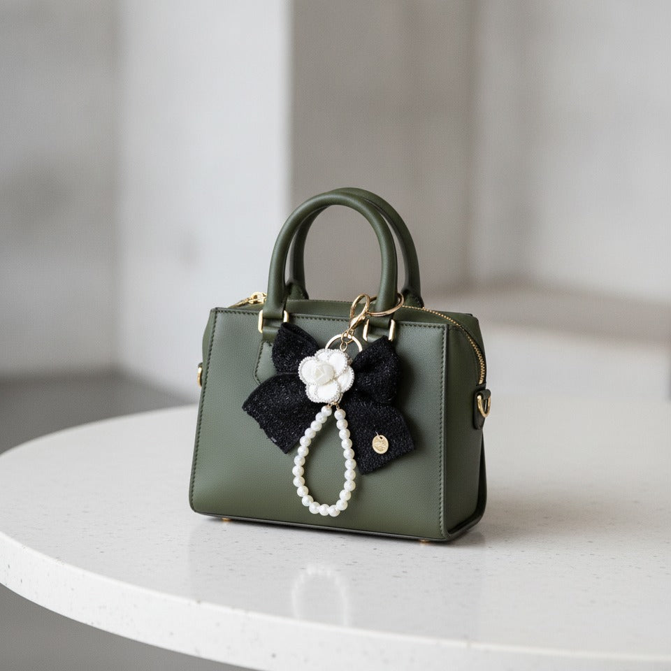 Pearl Bow Charm Keychain - Black Bow