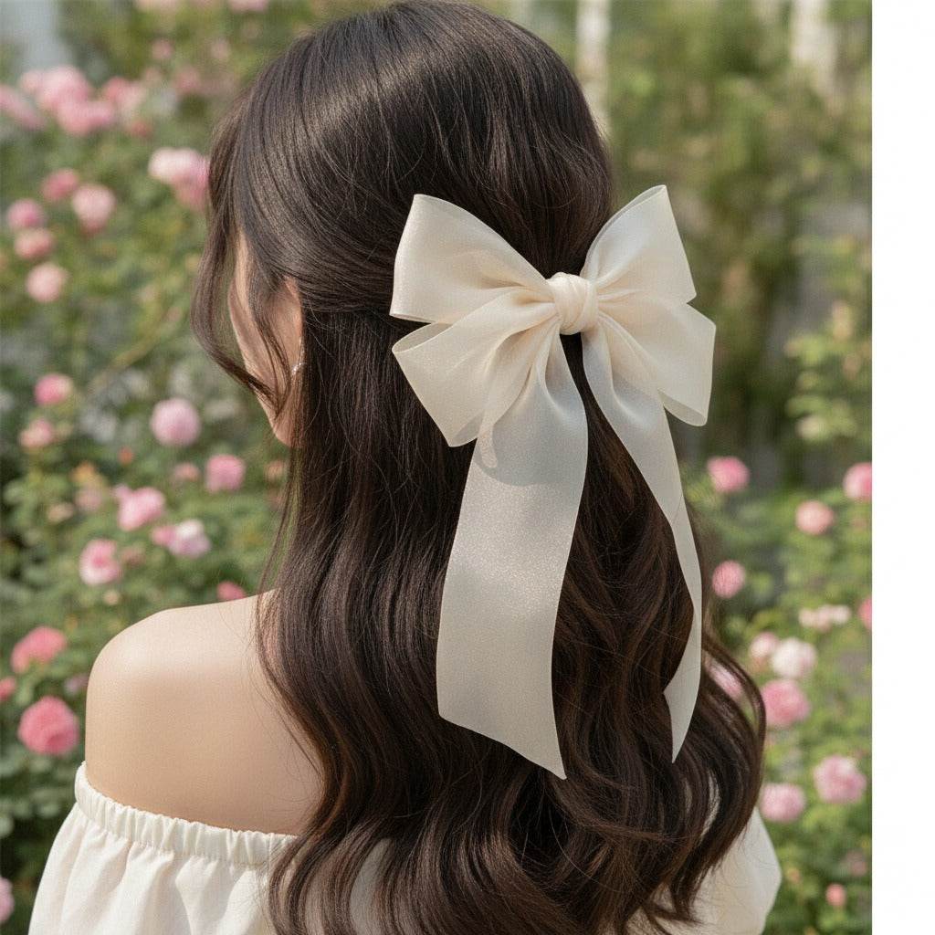 Satin Bow Hair Claw - Beige