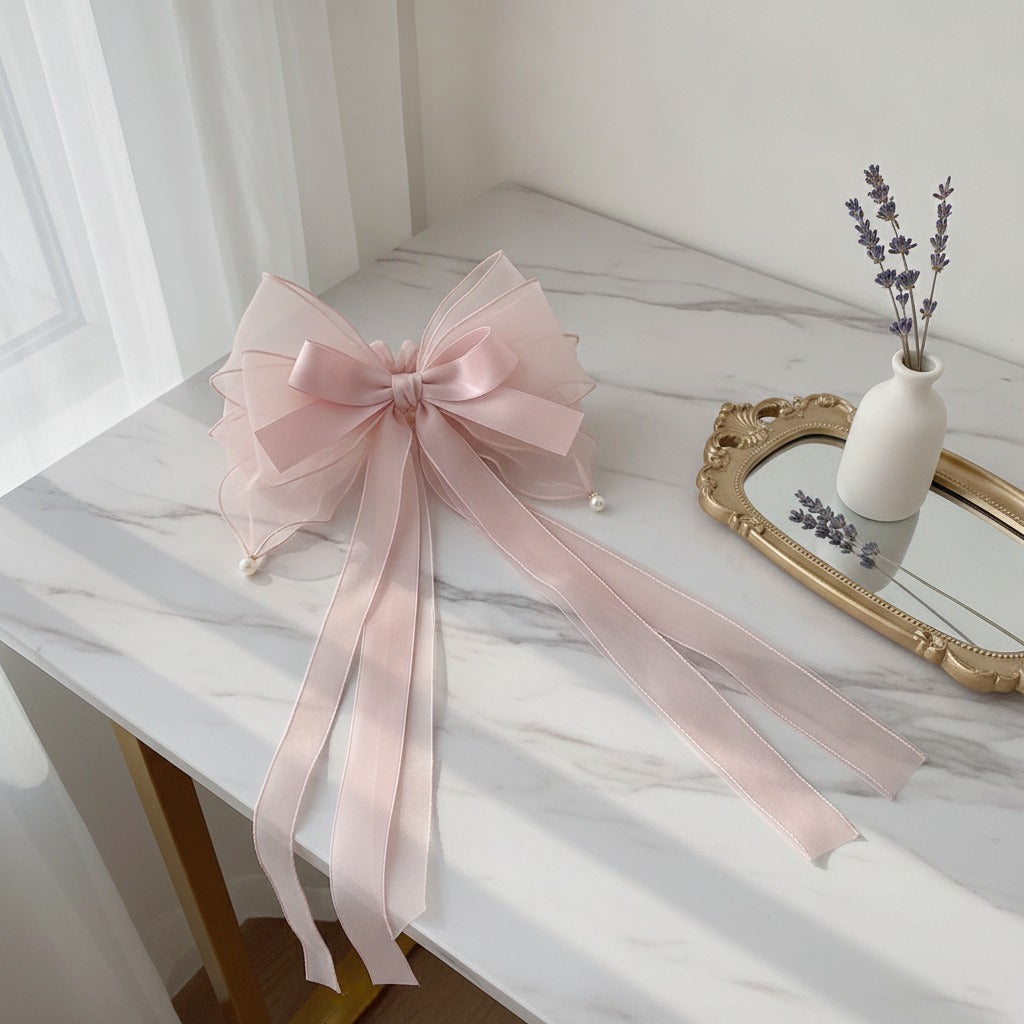 Sheer Bow Hair Claw - Blush Pink