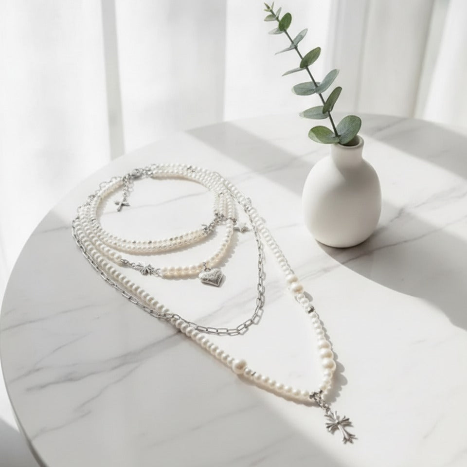 Layered Pearl Cross & Heart Necklace - Silver Pearl