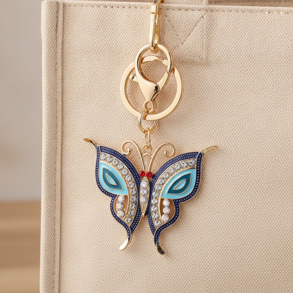 Ornate Butterfly Keychain Charm - Navy & Light Blue