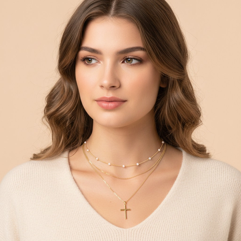 Layered Pearl Cross Necklace - Gold