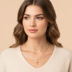 Layered Pearl Cross Necklace - Gold
