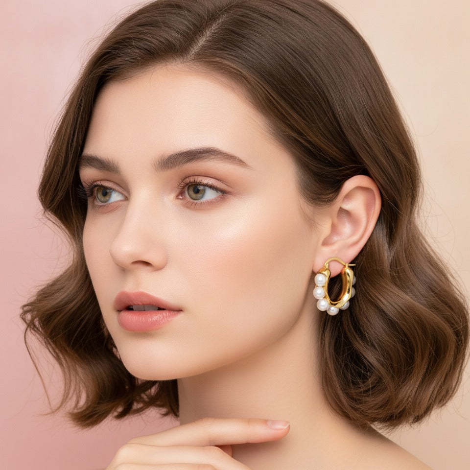 Pearl Bubble Huggie Hoop Earrings - Gold