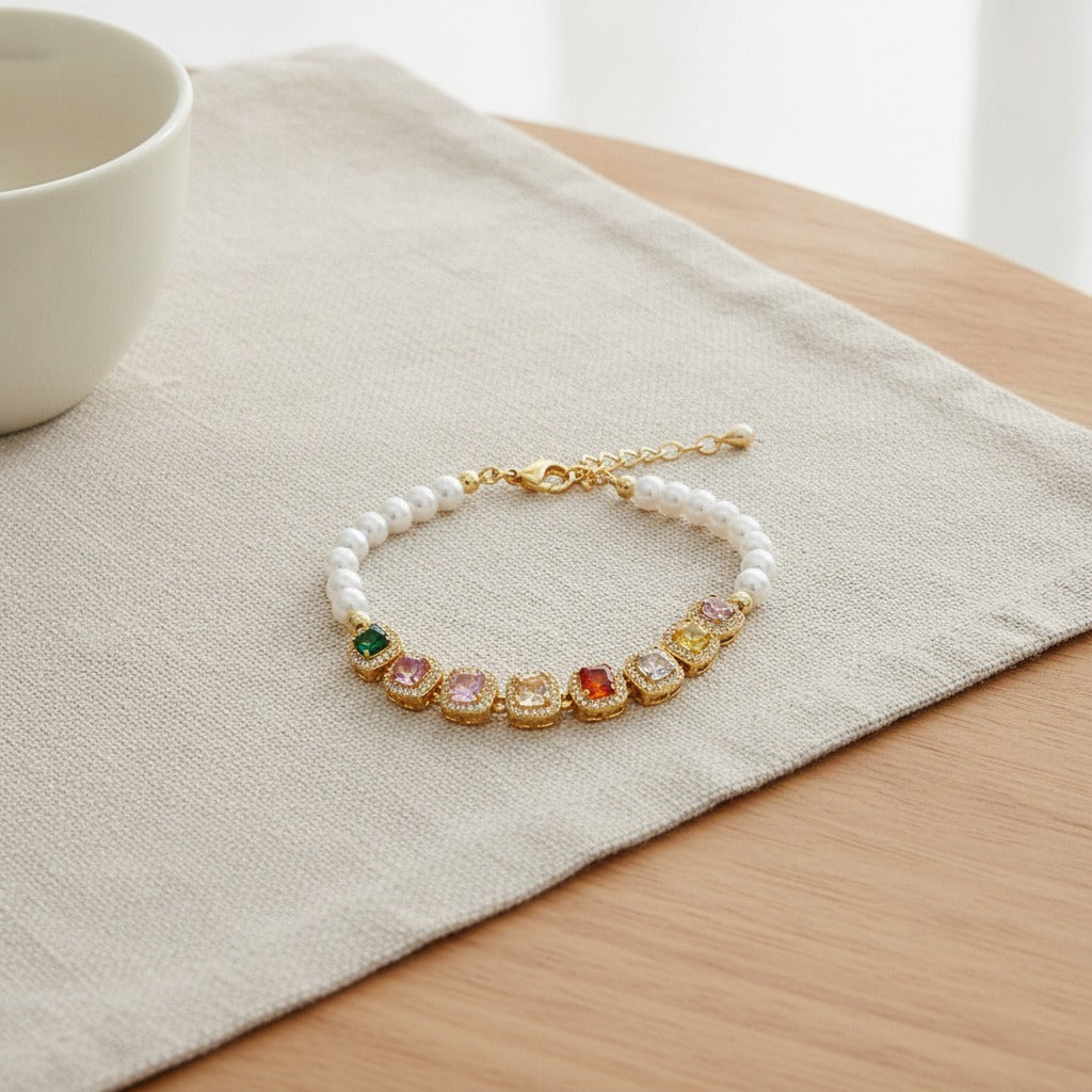 Rainbow Charm Pearl Bracelet - Gold Rainbow