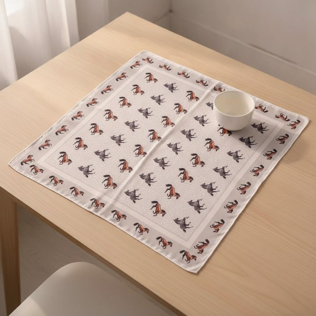 Equestrian Print Square Scarf - Cream & Chocolate