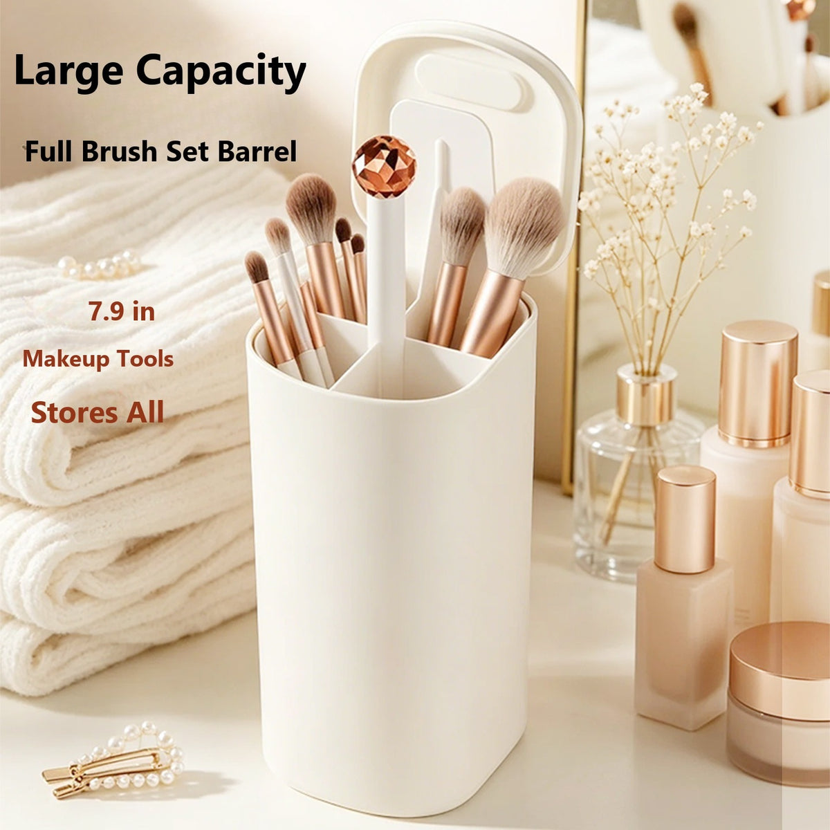 Makeup brush storage box with automatic lifting mechanism - White
