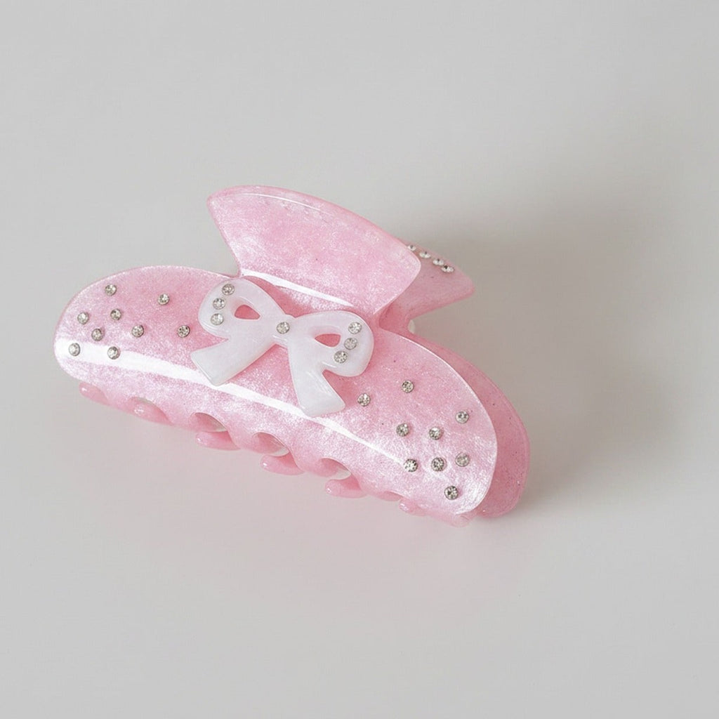 Pink Velvet Hair Claw With Rhinestone Bow – hair accessories (view 1)