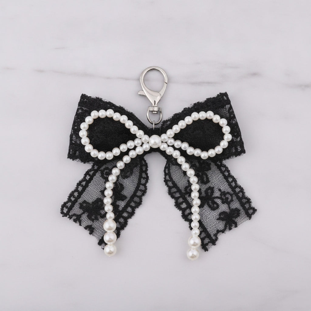 Pearl Lace Bow Bag Charm - Black