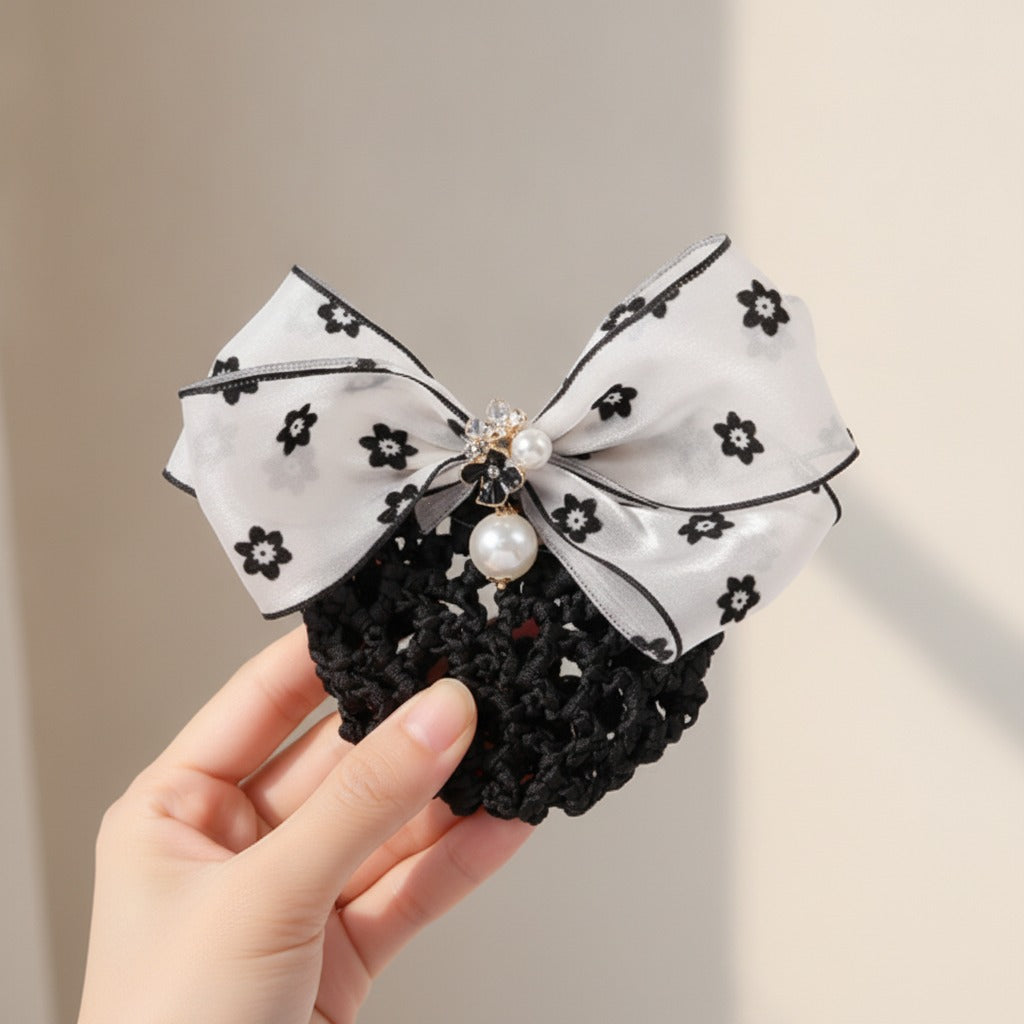 Floral Mesh Bow Hair Claw - White Floral