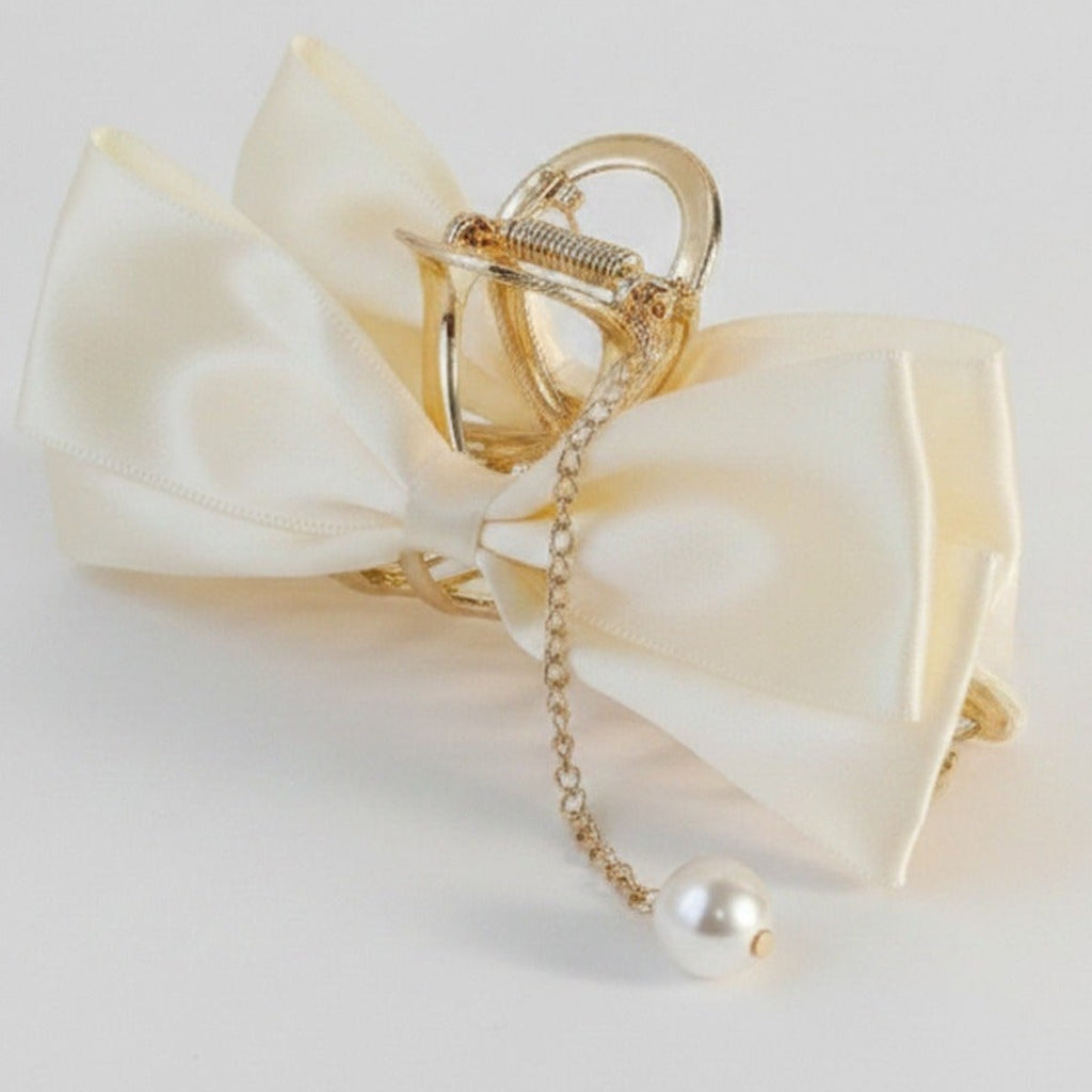 Cream Pearl Charm Bow Hair Claw – hair accessories (view 1)