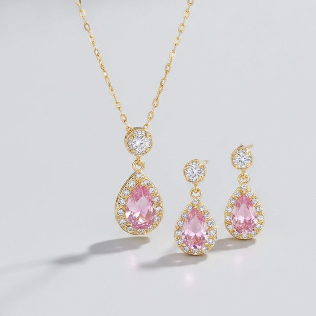 Pink Crystal Drop Jewelry Duo - Gold