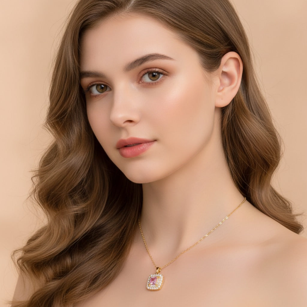 Square Crystal Pendant Necklace - Gold