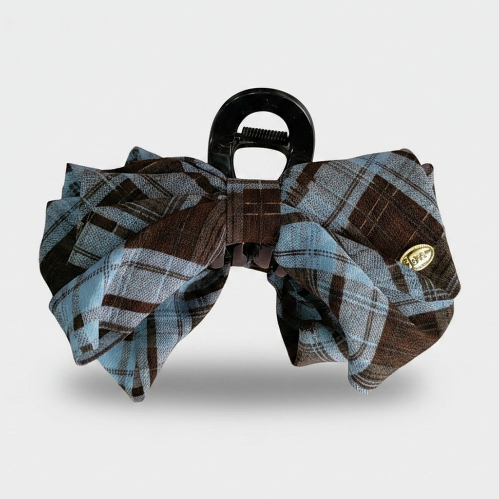 Plaid Bow Hair Claw Clip Blue Brown – hair accessories (view 1)