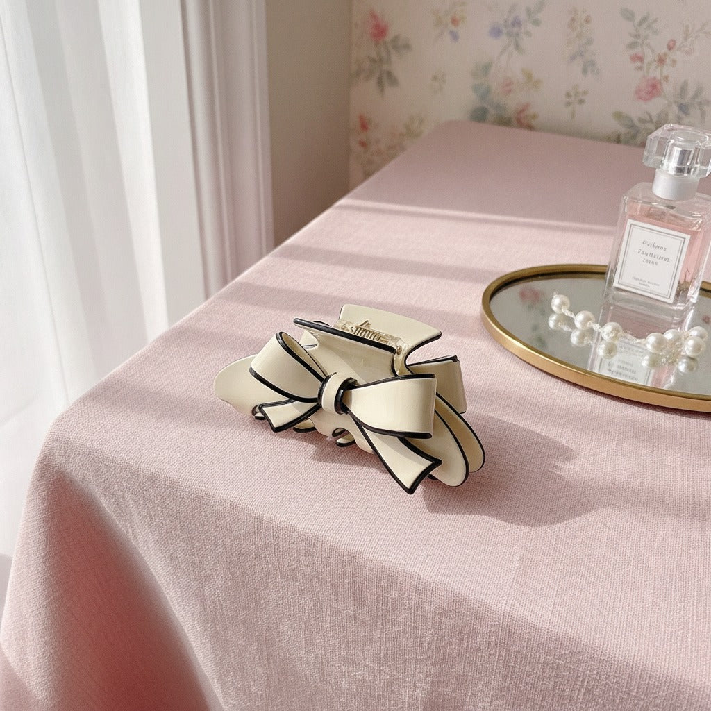 Bow Hair Claw Clip Elegant Women - Beige