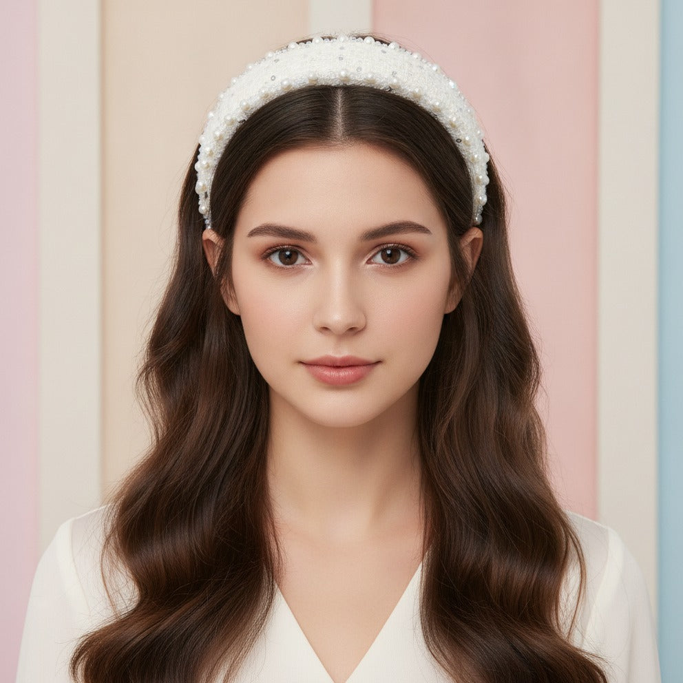 Pearl Embellished Padded Headband - Beige