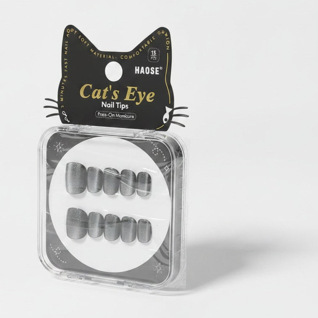 Cat's Eye Nail Tips Press-On Set - Silver Shimmer