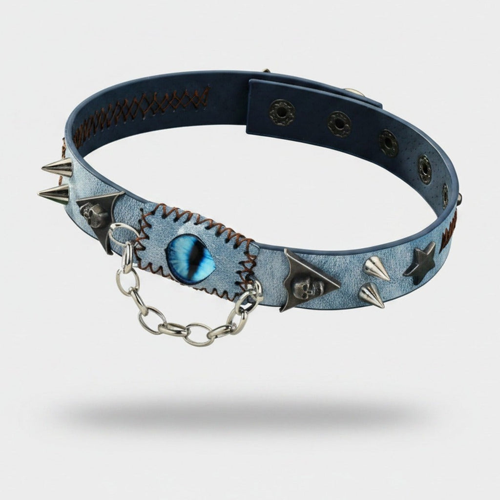 Blue Leather Choker With Spikes And Cat Eye Charm – jewelry (view 1)