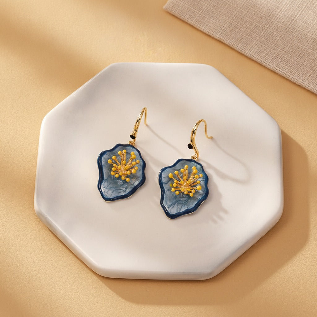 Botanical Bloom Dangle Earrings - Retro Blue