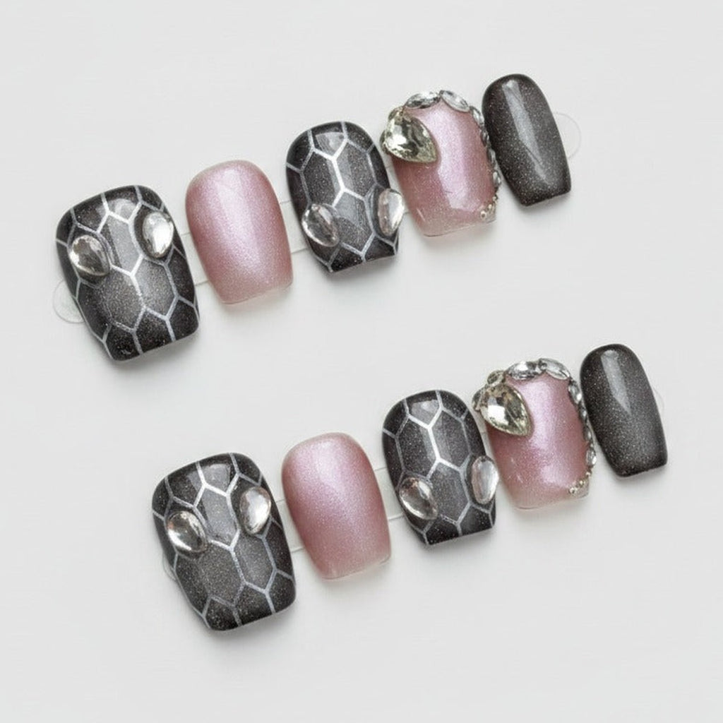 Glam Gem Press-On Nail Set - Pink & Charcoal