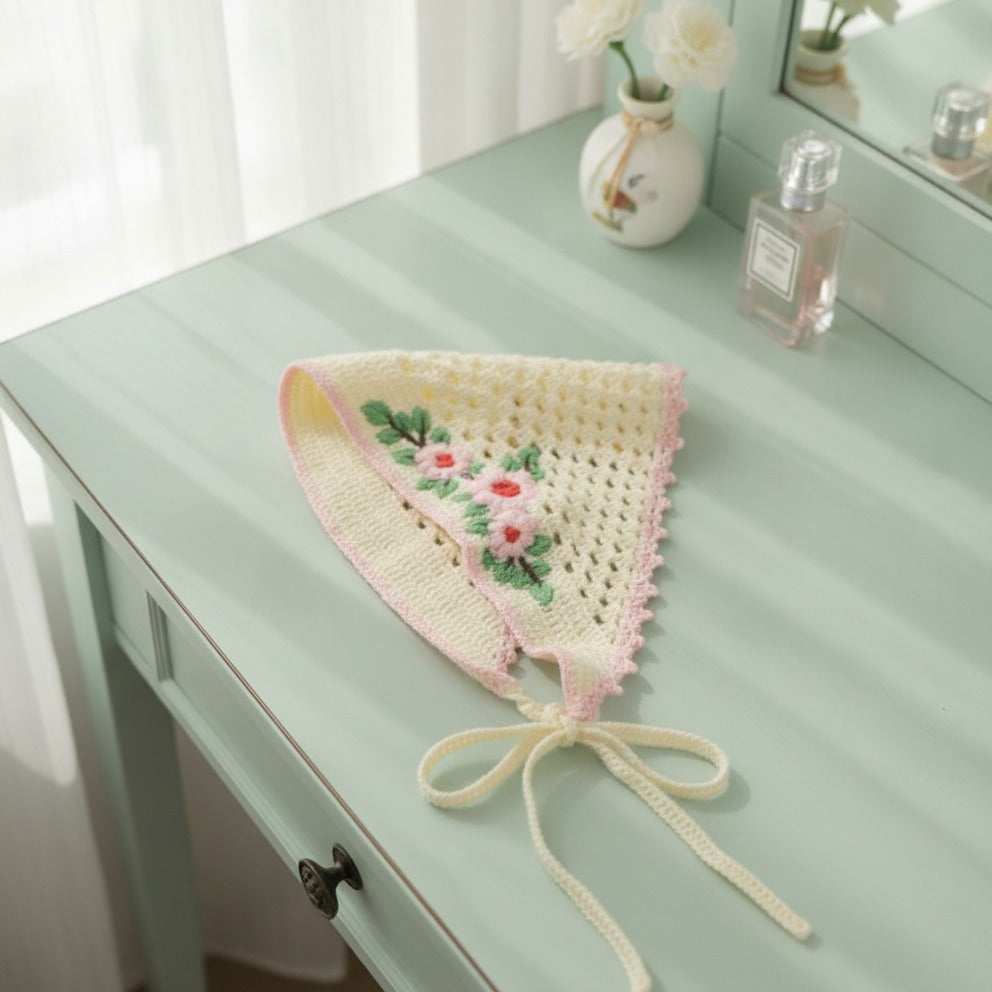 Crochet Floral Triangle Headwrap - Pink