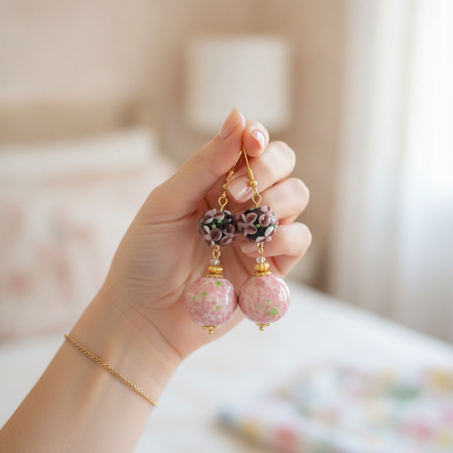 Vintage Floral Ball Drop Earrings Blush Pink