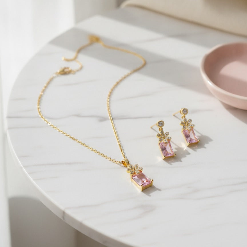 Daisy Gem Pendant Necklace - Gold & Pink
