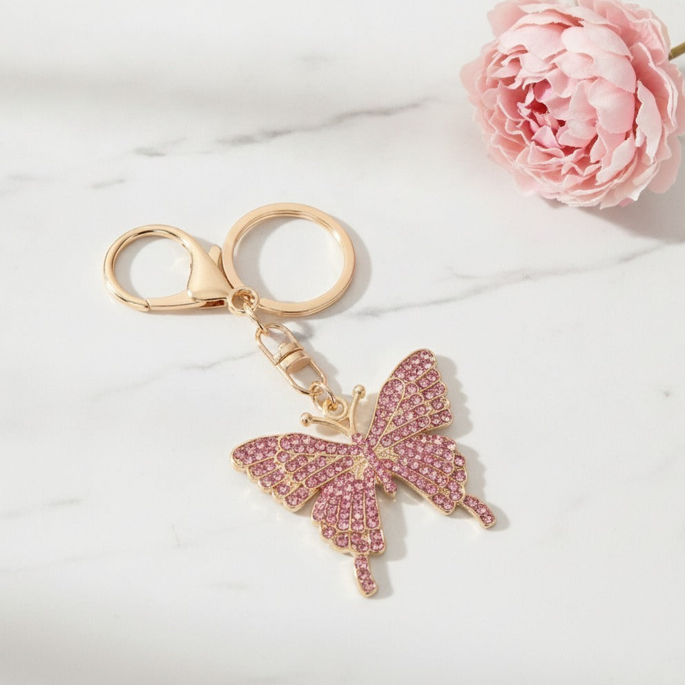 Colorful Butterfly Rhinestone Keychain - Pink