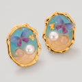 Pearl Flower Enamel Oval Stud Earrings - Jianyou Accessories 2 – jewelry (view 1)