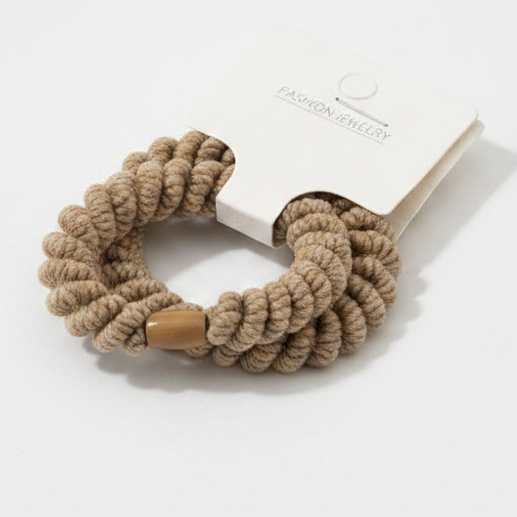 Beige Rope Scrunchie With Wood Bead Detail – hair accessories (view 1)