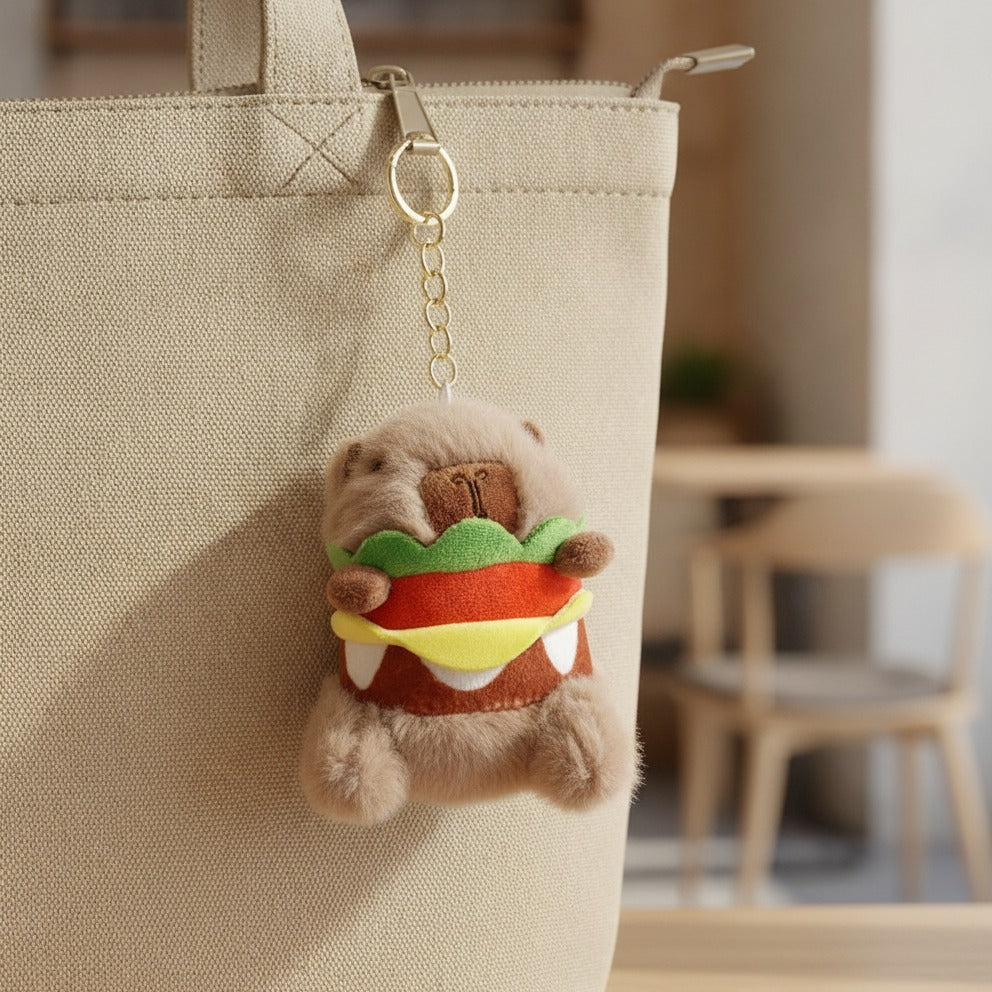 Burger Capybara Fuzzy Keychain - Brown