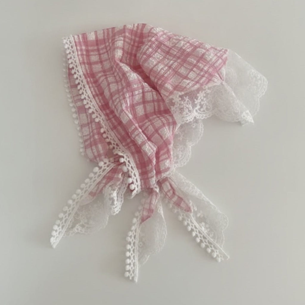 Embroidered Floral Mini Bonnet Headwrap - Pink Plaid
