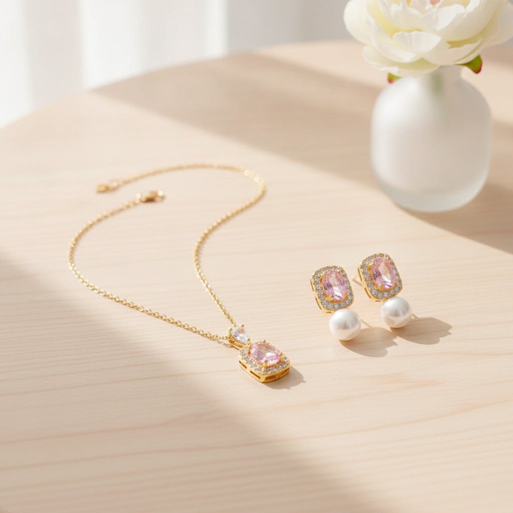 Pink Gem & Pearl Jewelry Set - Gold