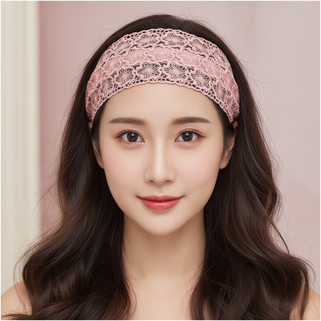 Embroidered Lace Padded Headband - Pink