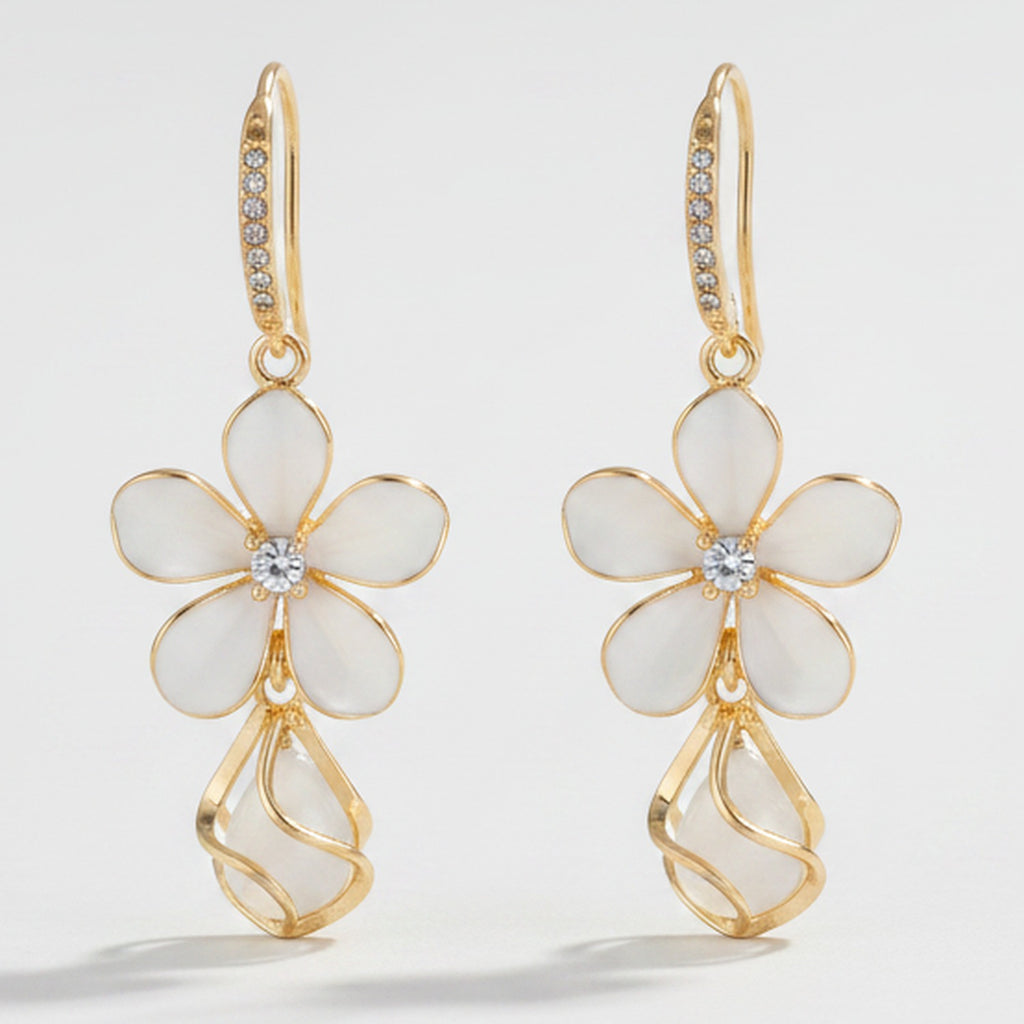 Flower Drop Dangle Earrings - White Pearl