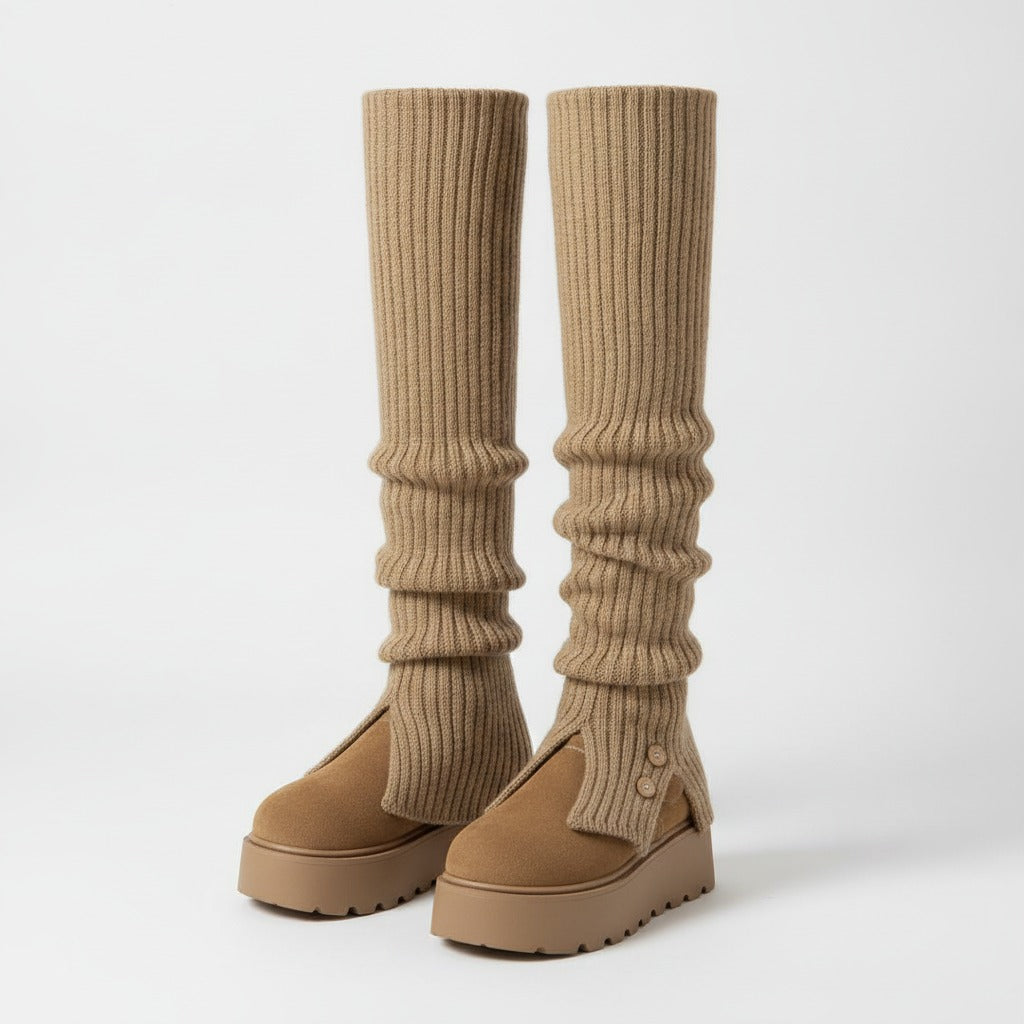 Slouchy Button Crew Socks - Khaki