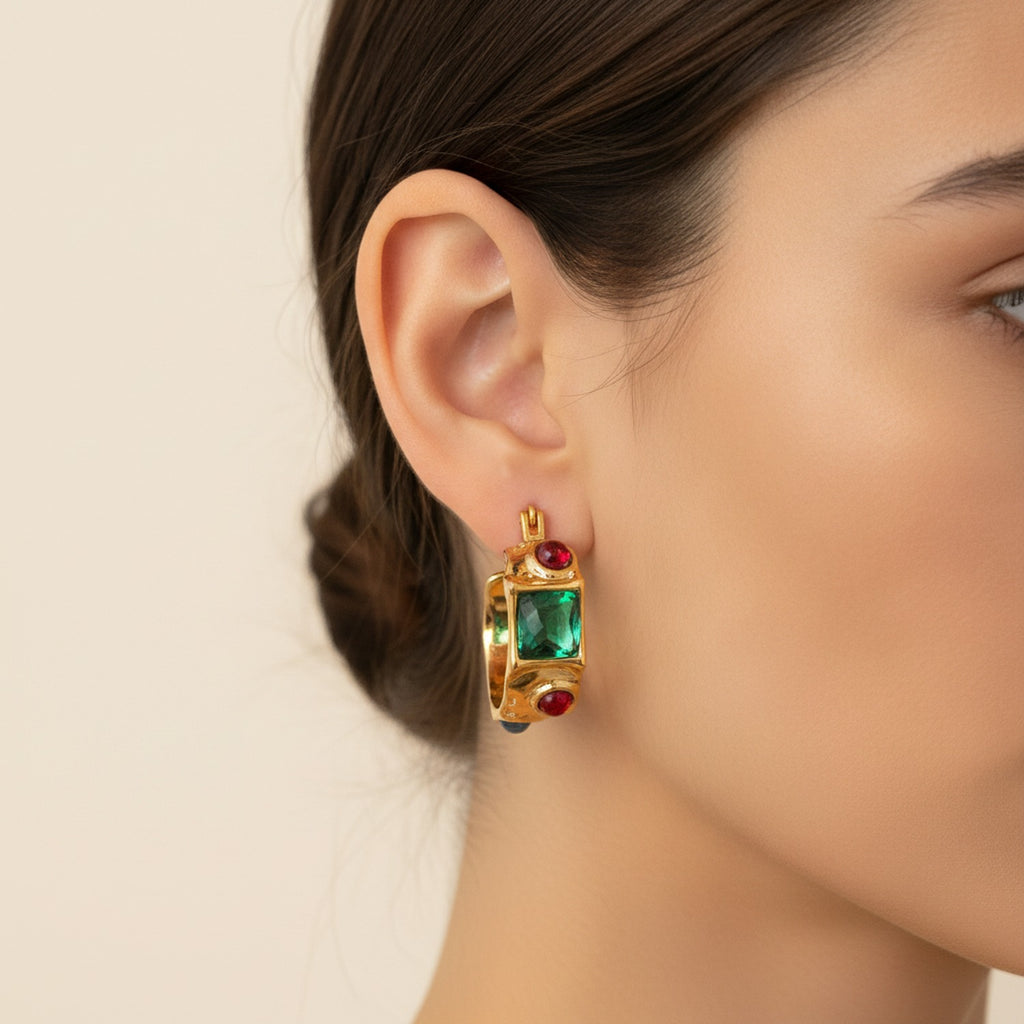 Emerald & Ruby Gold Chunky Hoops Gold With Green & Red