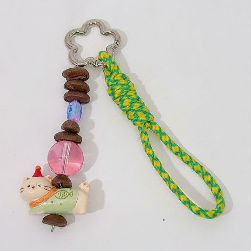 Acrylic Keyring With Beaded Charm And Woven Strap - Green Kitty – novelty & toys (view 1)
