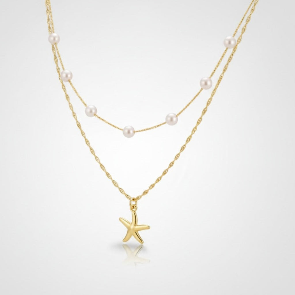 Layered Pearl Starfish Necklace - Gold Pearl