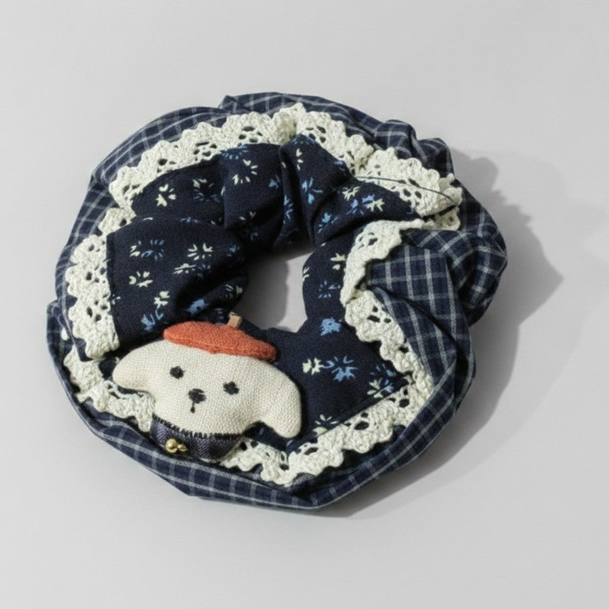 Navy Floral Hair Scrunchie With Cream Lace Trim – hair accessories (view 1)
