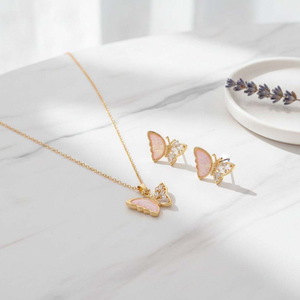 Butterfly Shell Necklace & Earring Set - Gold