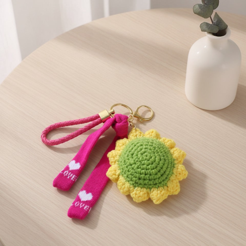 Crochet Sunflower Keychain Charm - Hot Pink