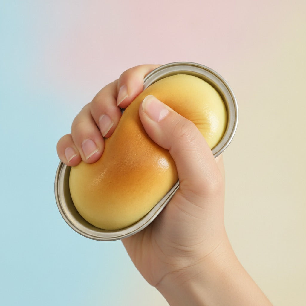 Half-Baked Cheese Squishy - Pink Cheese - squeeze in hand